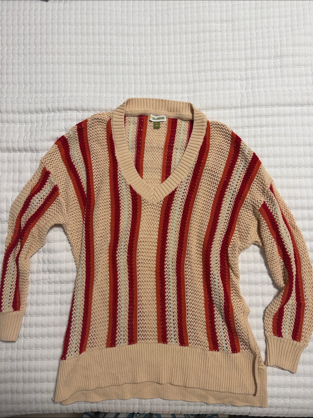 Anthropologie Beige, Red & Cream Striped V-Neck Sweater